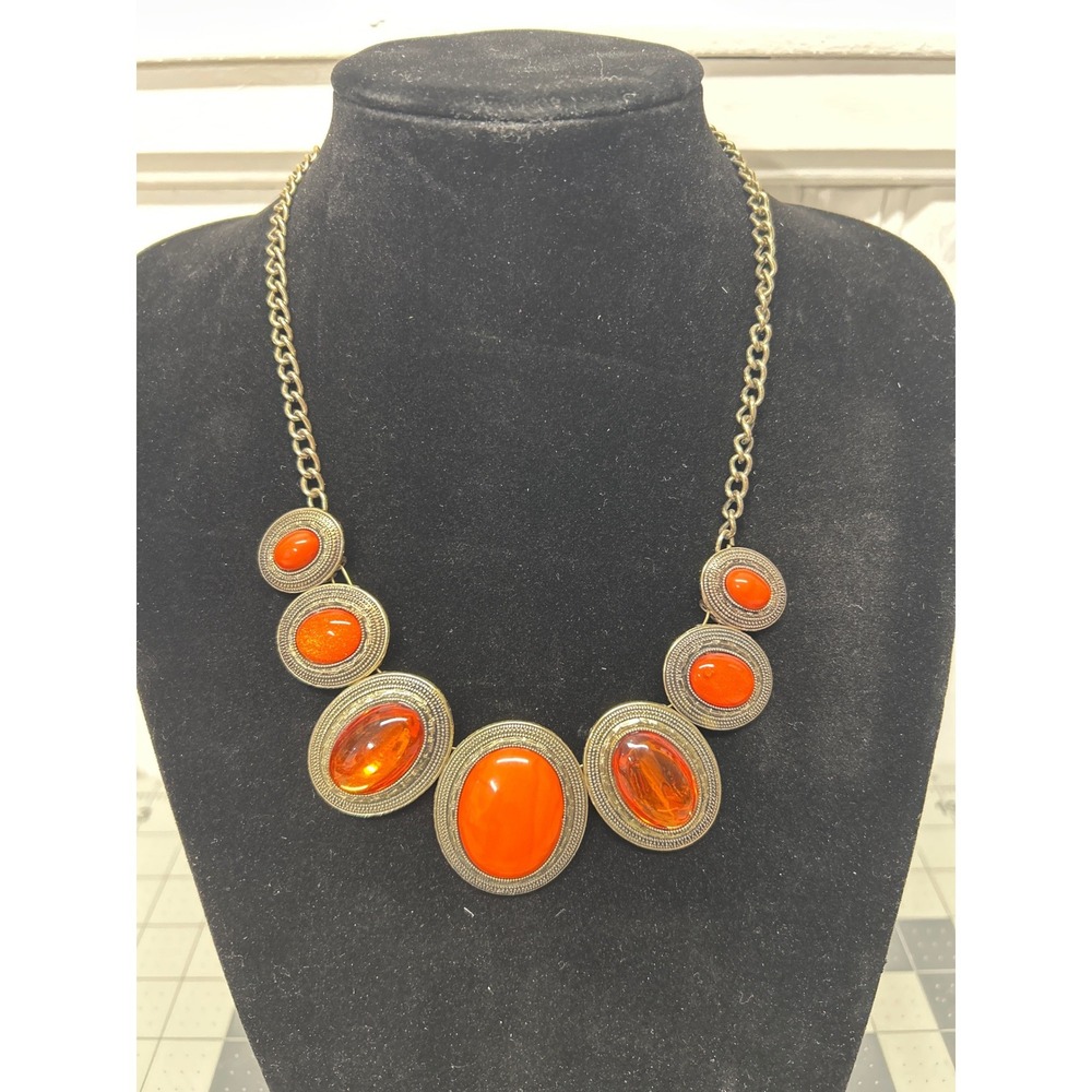 Chico's Bib Necklace Orange Gold Tone Cabochon Statement Bohemian Bold
